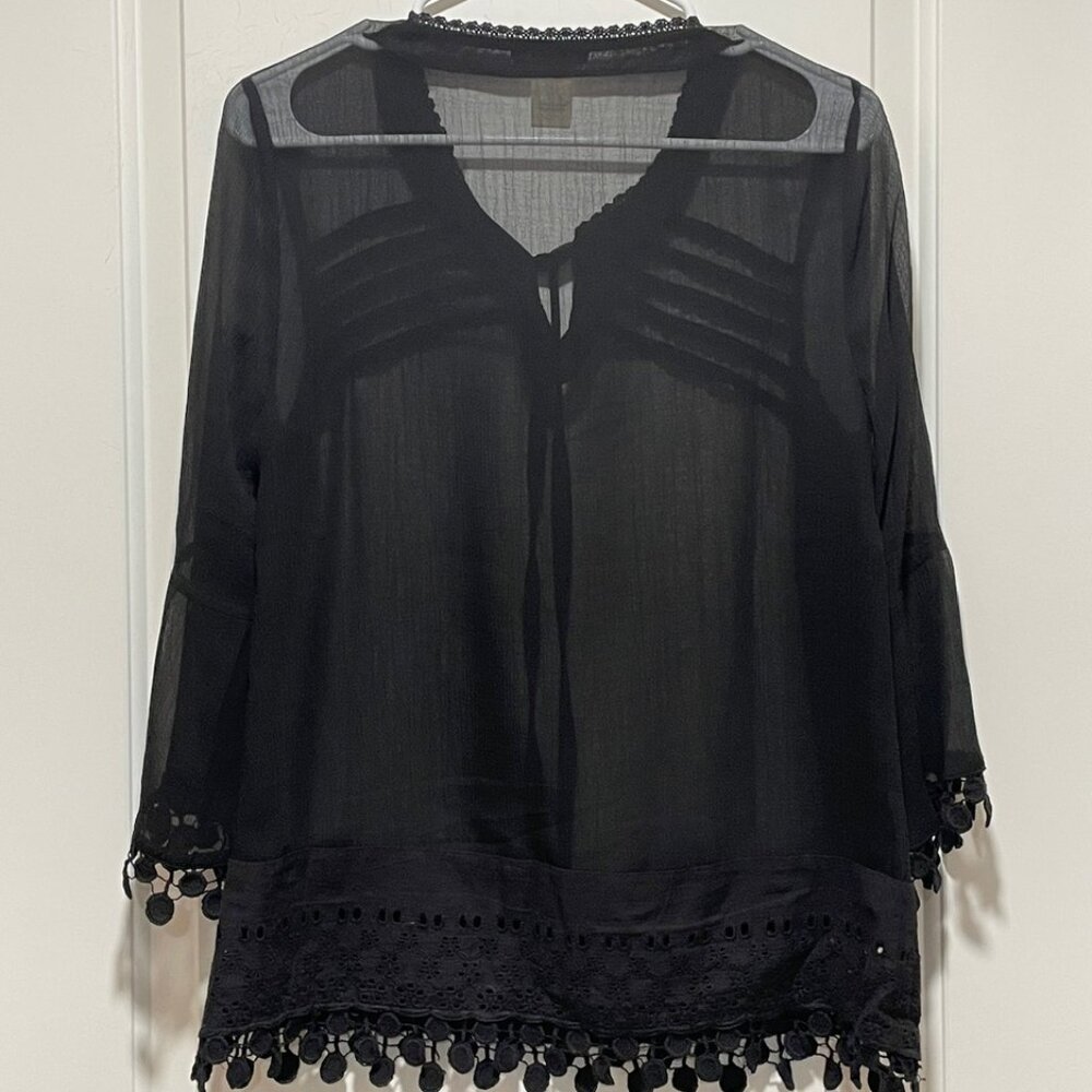 🔥 Gorgeous Beach Cover Up Small & Sheer Black Resort Swim Tassel Sleeve & Bottom